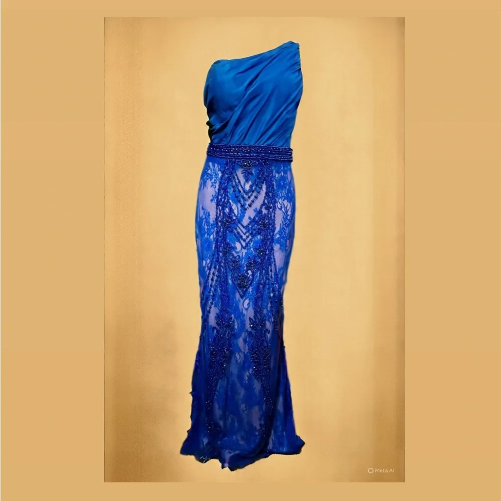Blue One-shoulder Tarik Ediz. Like new condition with extra beads included. - Picture 1 of 3